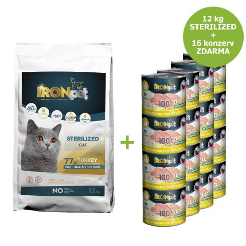 IRONpet Cat Sterilized Turkey (Krùta) 12 kg + Konzerva 16 ks ZDARMA